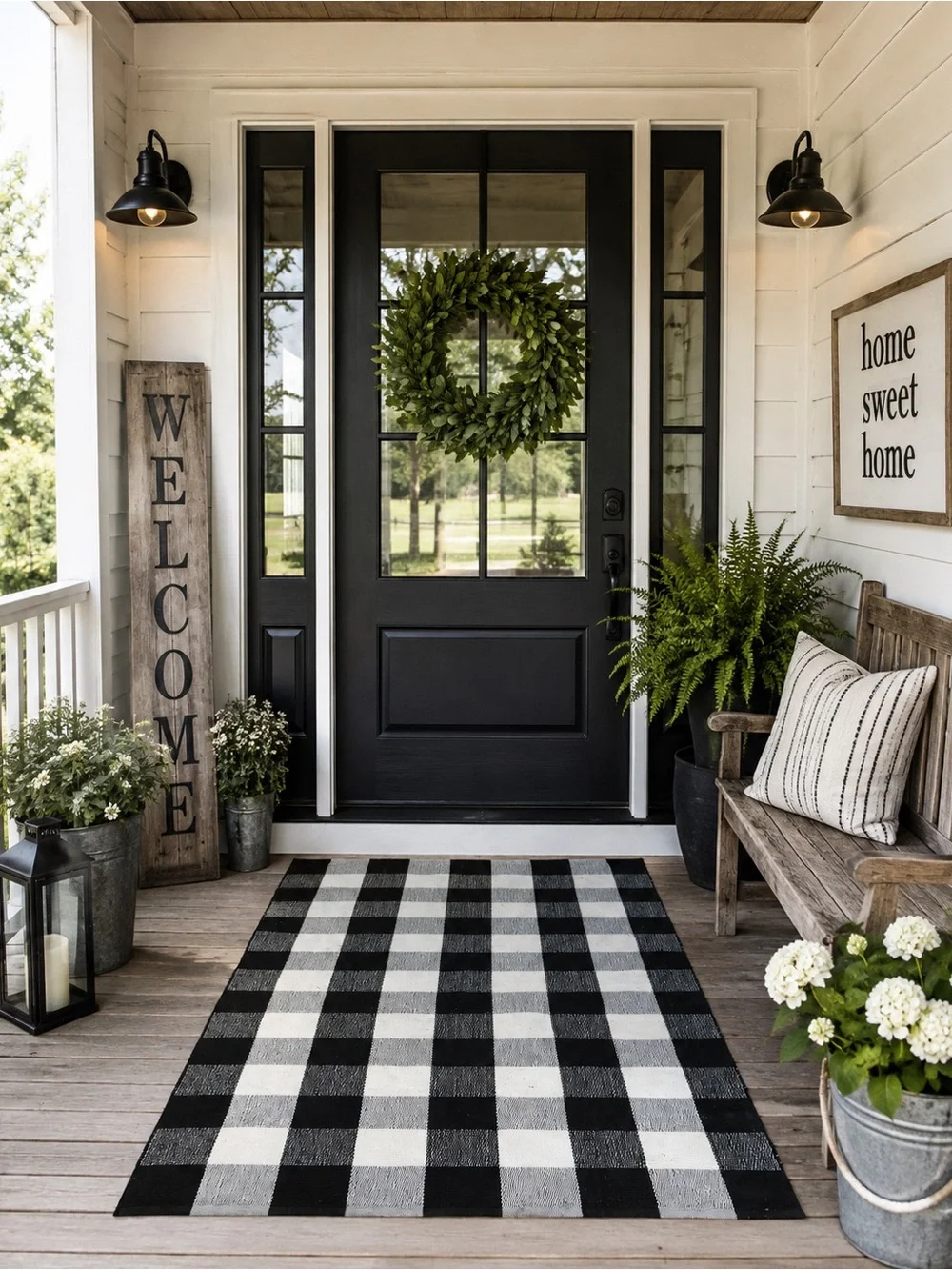3 Piece Set- Black & White Buffalo Check Rug & Runners Indoor / Outdoor Rugs